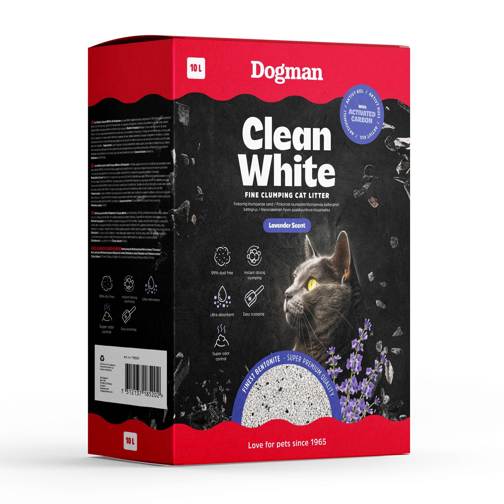 Dogman Clean White -kissanhiekka, laventeli, 10 l
