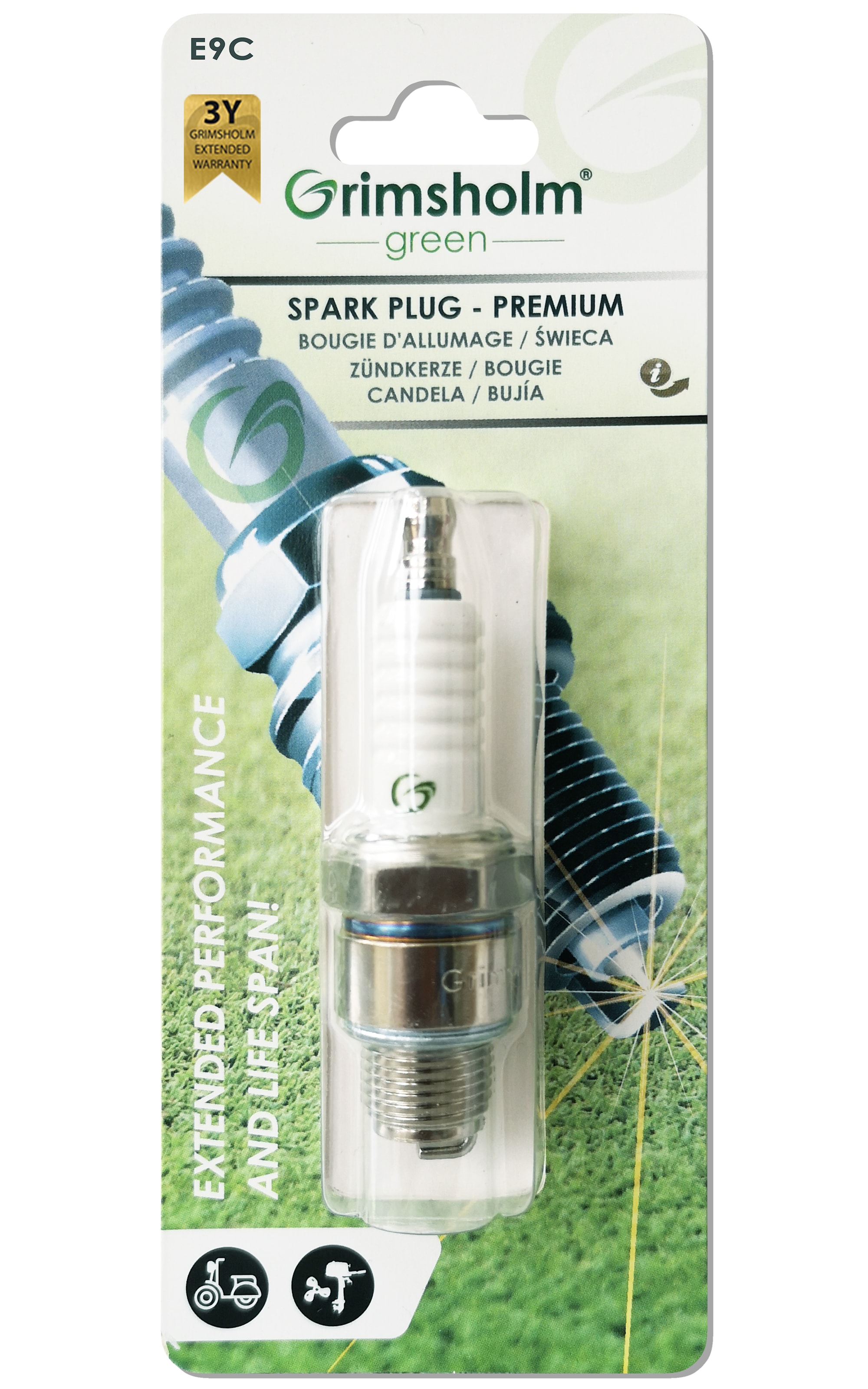 Grimsholm tændrør E9C (knallerter/påhængsmotorer, uden modstand), 1 stk