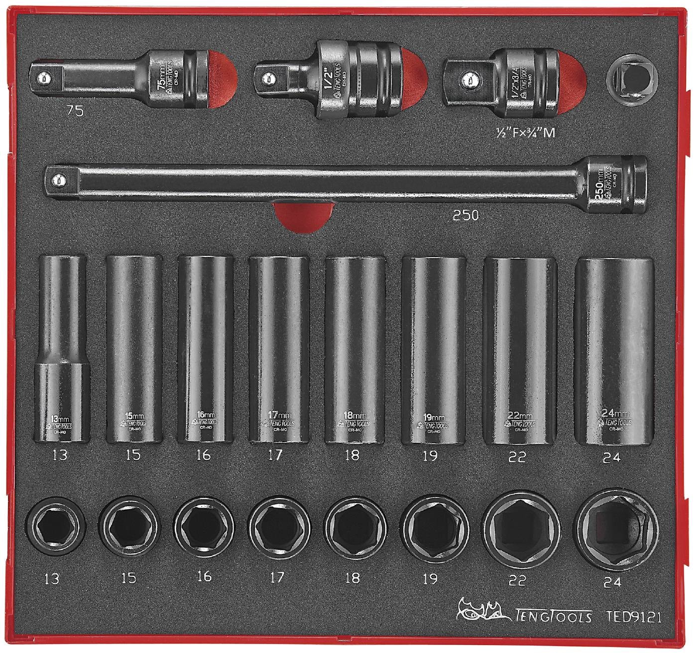 Teng Tools 21-osainen voimahylsysarja 1/2\"-neliötappikiinnityksellä. TED 9121