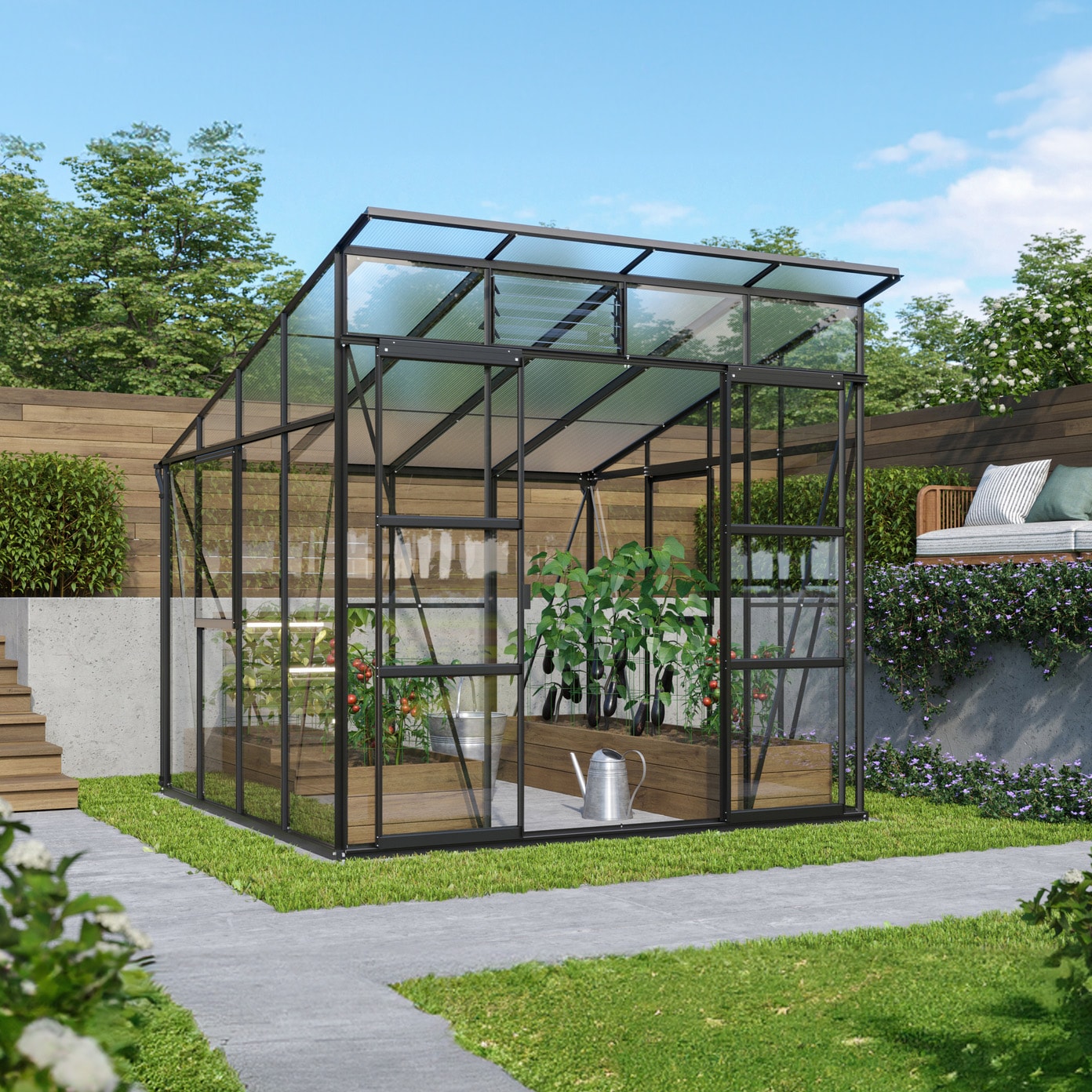 Vitavia Freya 7600 Växthus Härdat glas Svart - 7,6 m2 med sockel