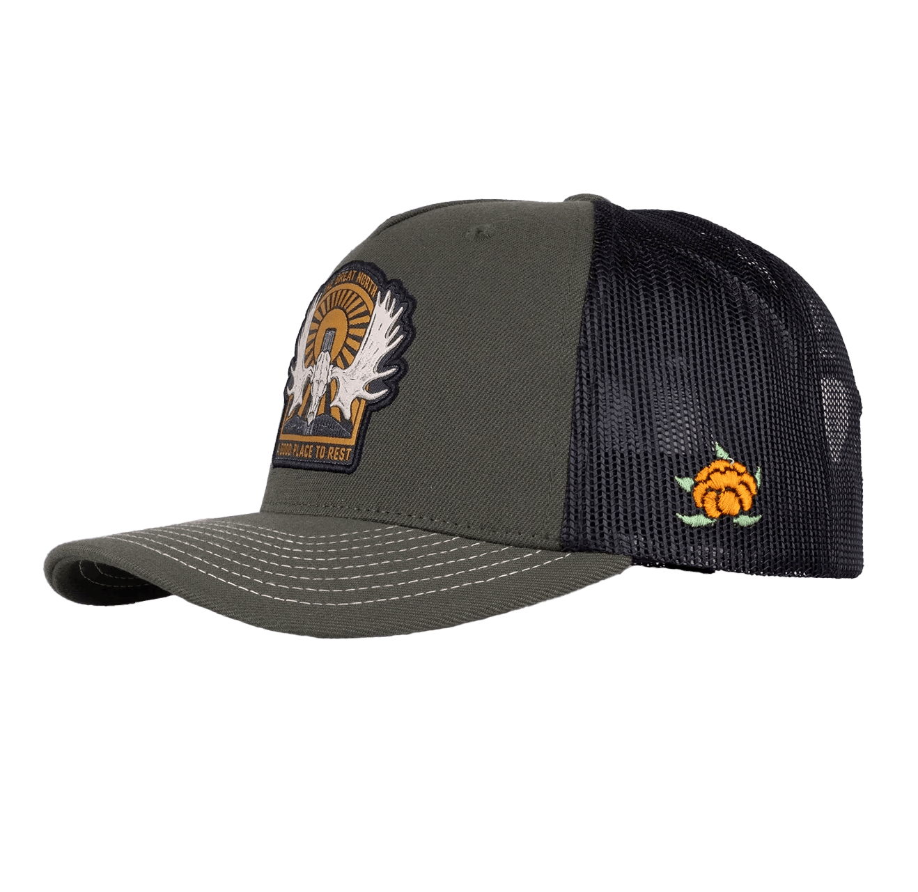 SQRTN Trucker-Kappe mit Elchgeweih, olivgrün
