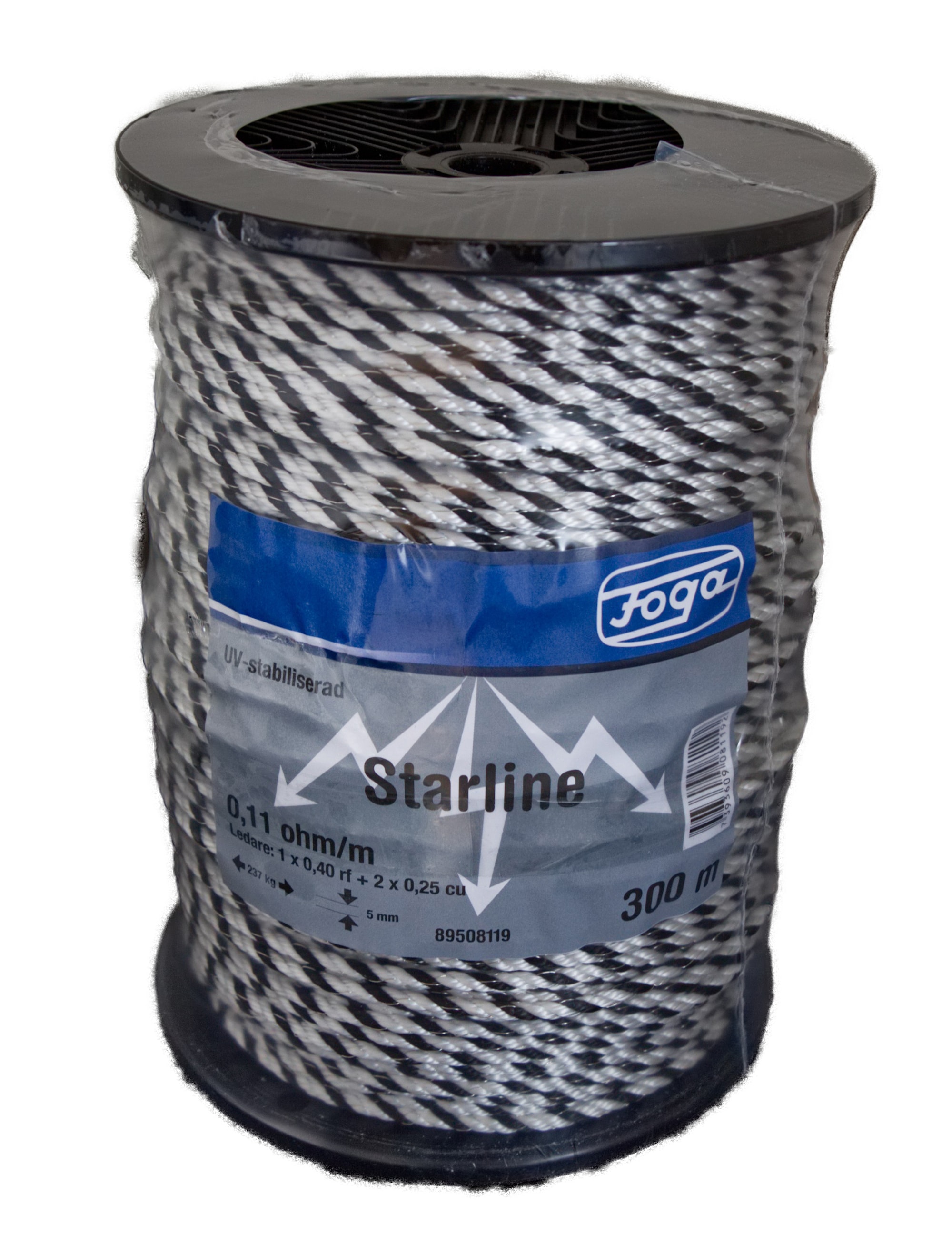 Foga Elektrisk tau Starline 5mm 300m, sort/hvit