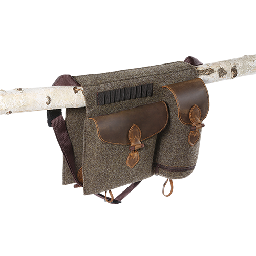 Villahuovasta valmistettu metsästystornilaukku, jossa on nahkayksityiskohtia