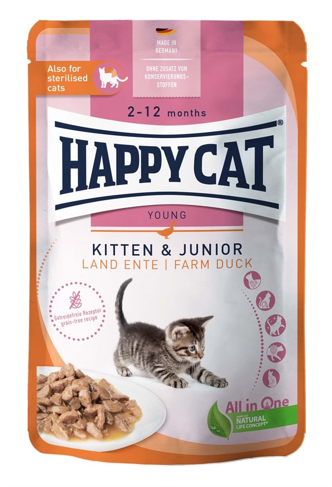 HappyCat Meat in Sauce Kitten & Junior Farm Duck 85 g