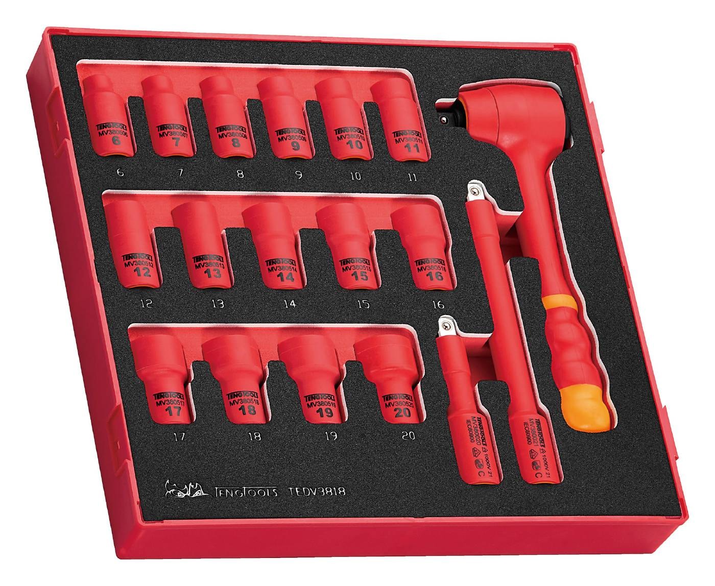 Teng Tools Hylsnyckelsats TEDV3818 3/8 Isolerad 1000V EVA 18 delar