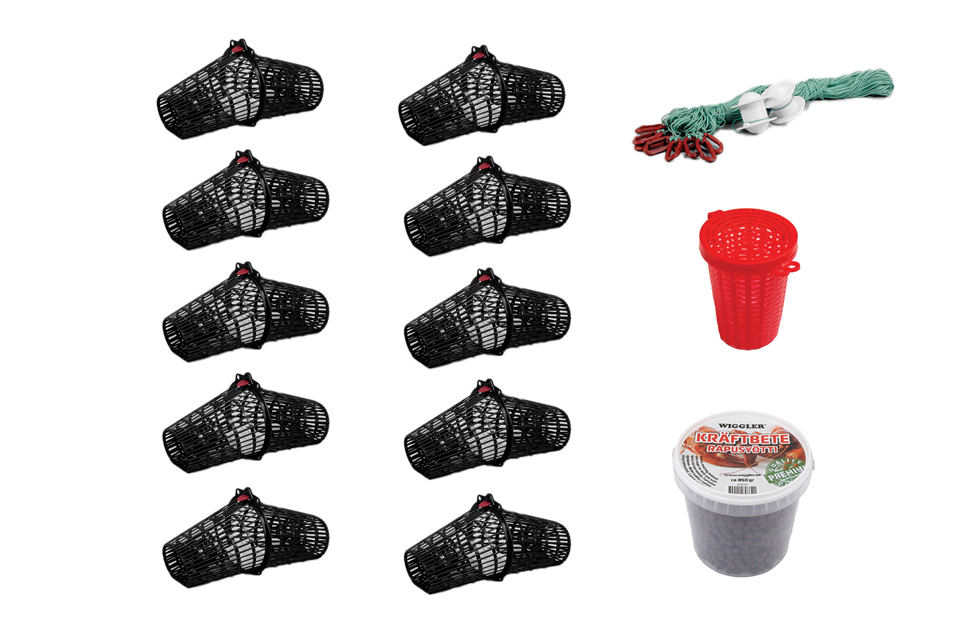 Kräftfiskepaket Carapax 10-pack med kräftlänk 10 krokar flytlina + kräftbete 850g