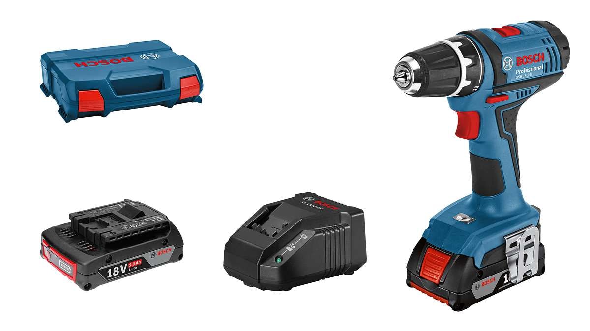 Bosch Borrskruvdragare GSR 18-2-LI med 2st 2,0Ah batterier & laddare GAL 18V-40 i L-CASE