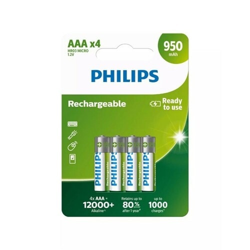 Philips genopladelige AAA-/HR03-batterier, 950 mAh, 4-pak
