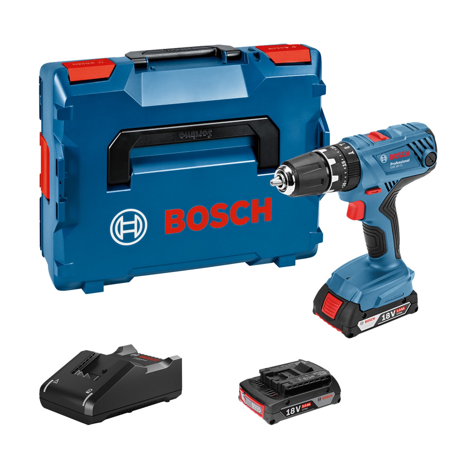 Bosch Slagborrmaskin GSB 18V-21 med 2st 2,0Ah batterier och laddare GAL18V-40 i L-BOXX
