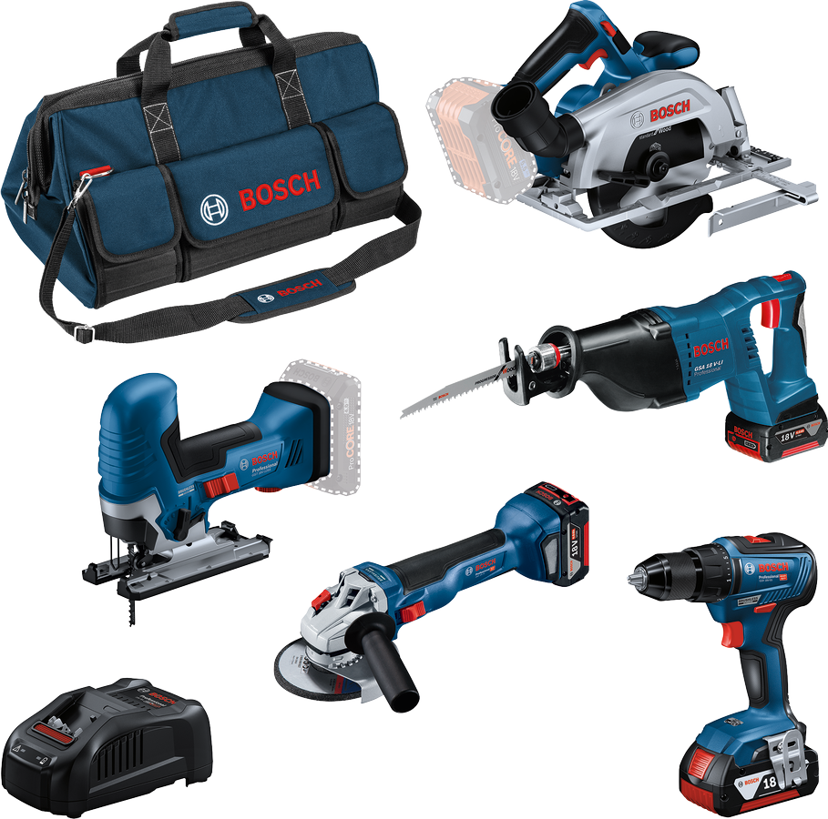 Bosch Verktygsset med 5st 18V verktyg med 3x4Ah batterier & laddare