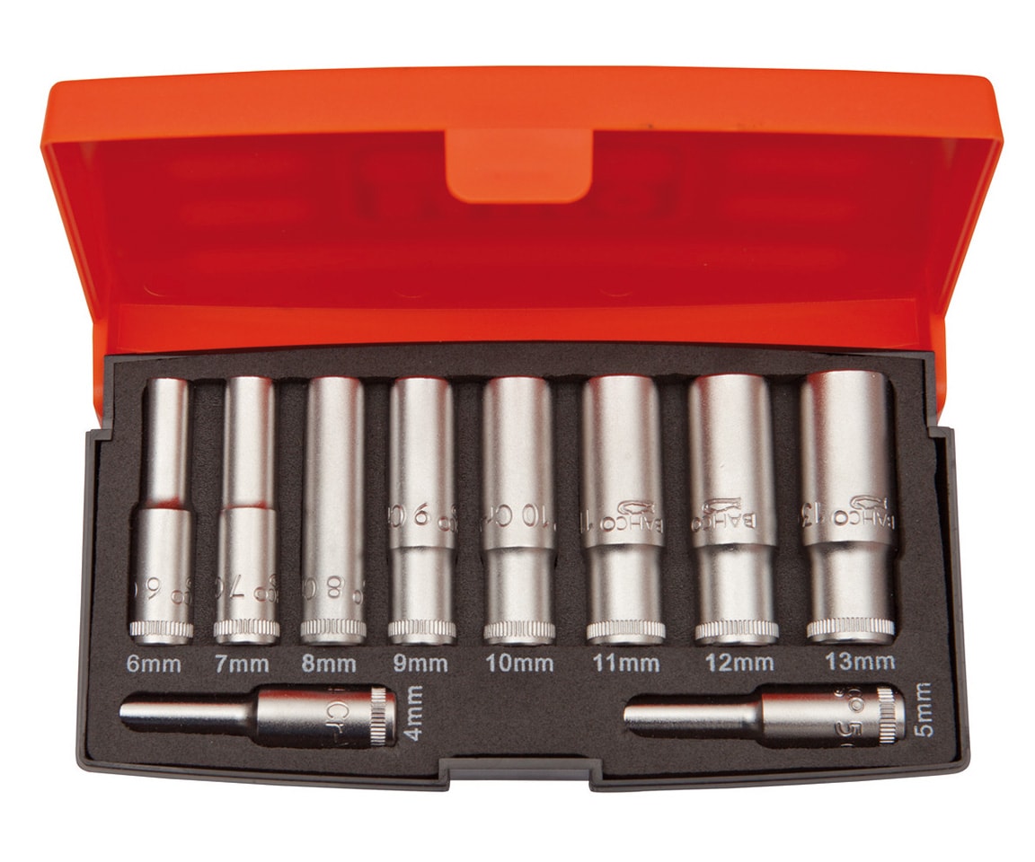 Bahco Hylsor S0810L 1/4'' i sats 4-13mm 6-kant 10 delar, långa