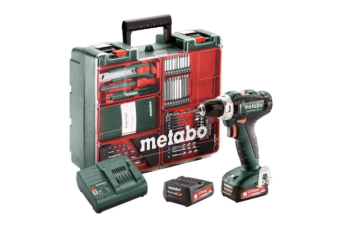 Metabo Skruvdragare PowerMaxx BS 12 Set med tillbehör och 2x2Ah batterier & laddare