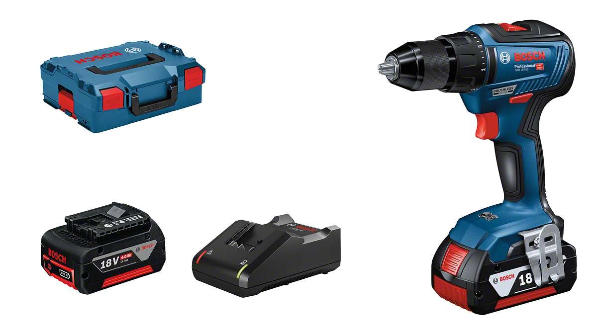 Bosch Borrskruvdragare GSR 18V-55 med 2st 4,0Ah batterier & laddare GAL 18V-40 i L-BOXX