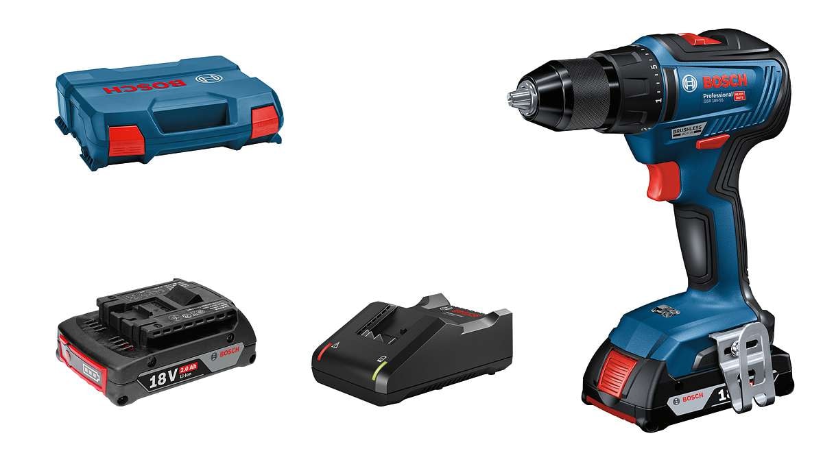 Bosch Borrskruvdragare GSR 18V-55 med 2x2,0Ah batterier & laddare GAL 18V-40 i L-CASE